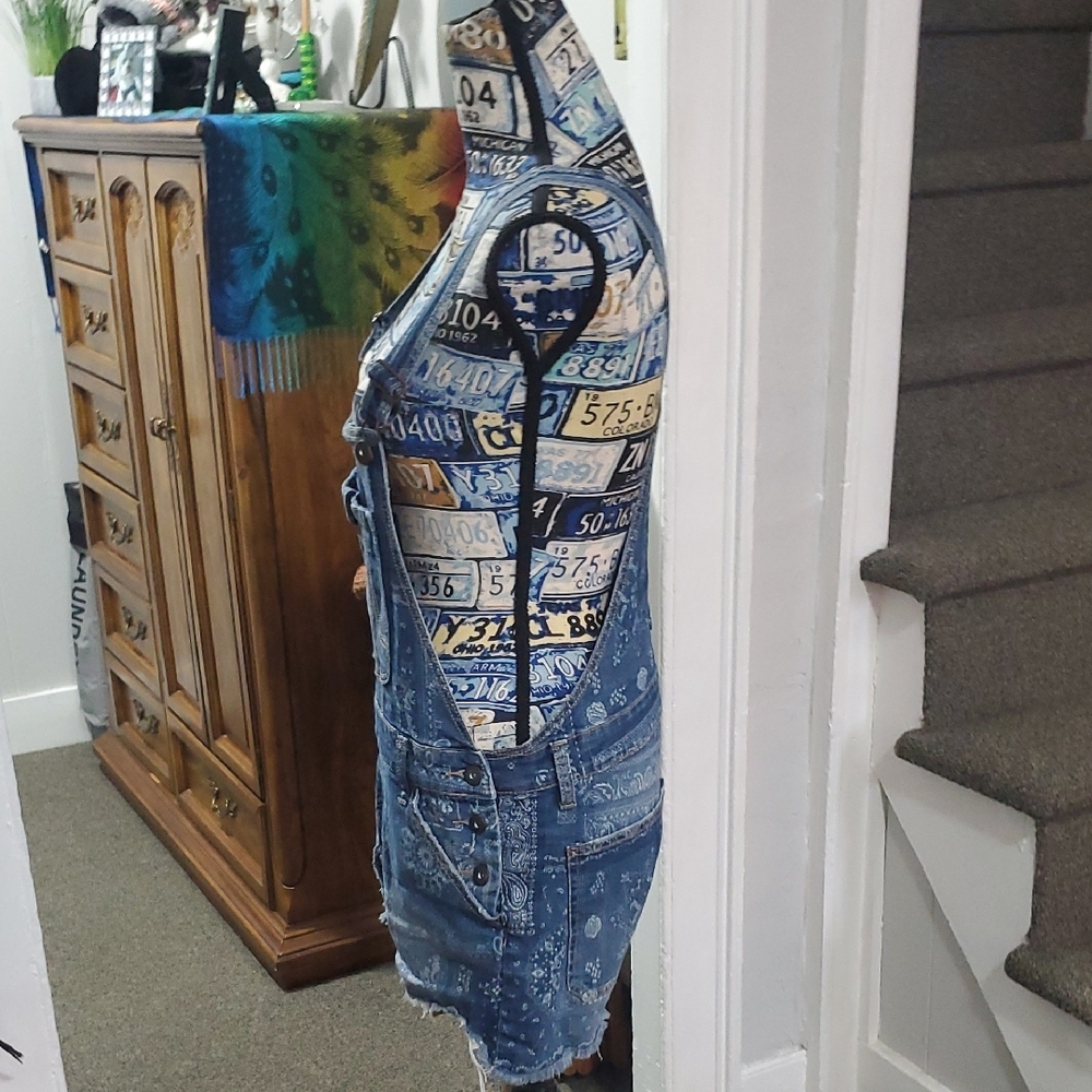 Blue Denim Patterned Ripped Overall Shorts! - Picture 6 of 15